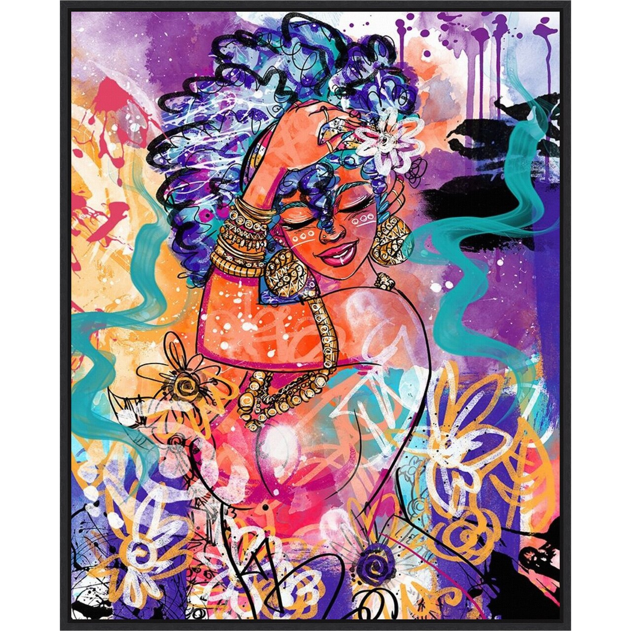 Gold Flowers by Justin Copeland 23-in. W x 28-in. H. Canvas Wall Art Print Framed in Black